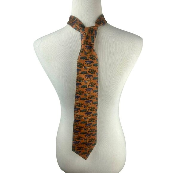 Liberty of London Airplane Neck Tie Men Orange Rust Blue Silk Pilot Flight Plane - Picture 1 of 5